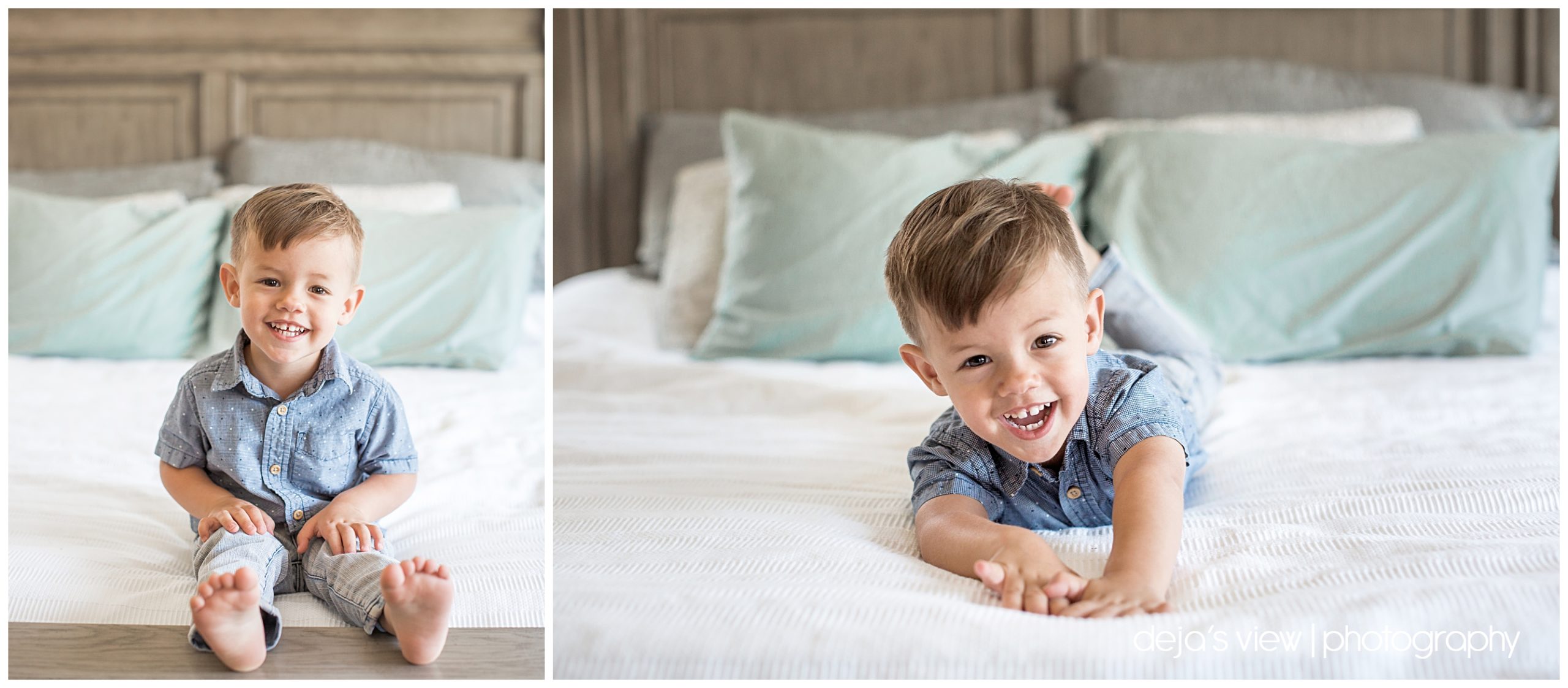 little boy smiling on bed