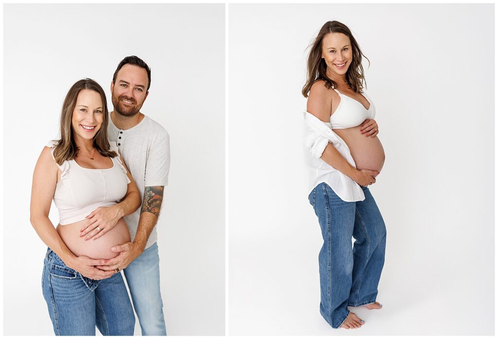 Pregnant woman in a light-filled La Quinta home studio during maternity session